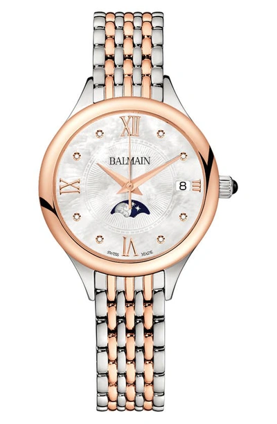 Balmain Watches Mother-of-pearl Diamond Moon Phase Bracelet Watch, 31mm In Stainless Steel/ Rose Gold