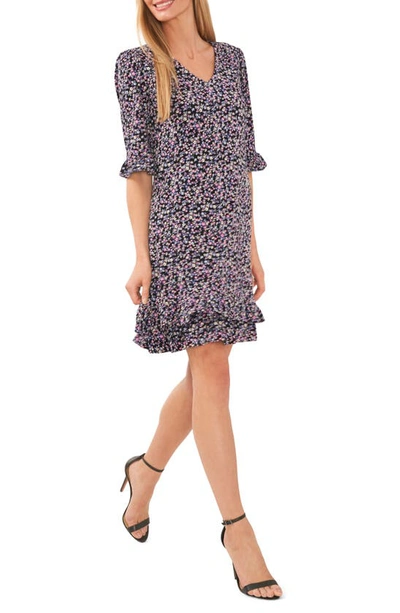 Cece Floral Print Ruffle Knit Dress In Rich Black