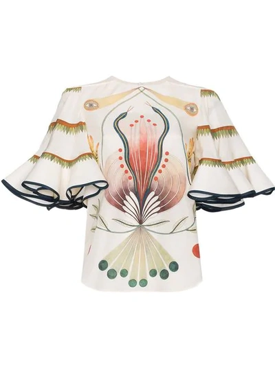 Chloé High-neck Graphic-print Fluted Silk Top In Buttercream