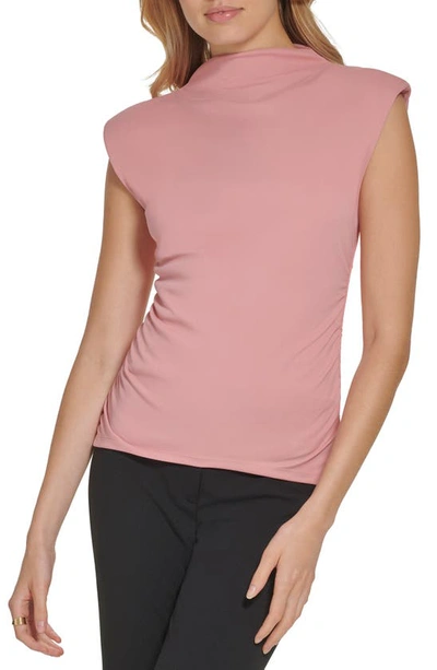 Dkny Ruched Side Mock Neck Top In Rouge Blush
