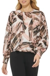 Dkny Abstract Print Balloon Sleeve Top In Ivory/ Gold Sand Multi