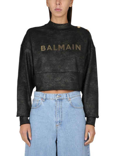 Balmain Metallic Logo Cropped Sweatshirt In Egs Noir/or/or