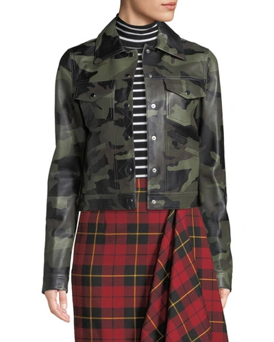 Michael Kors Camo-print Leather Bomber Jacket In Olive