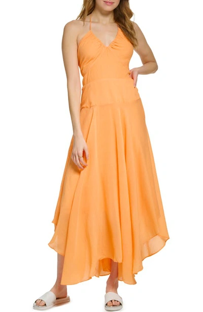 Dkny Halter Neck Crinkle Rayon Maxi Dress In Orange