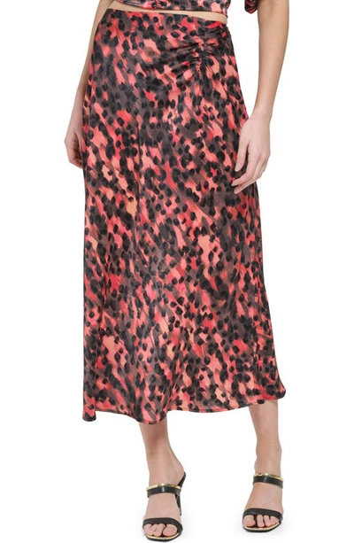 Dkny Ruched Print Satin Maxi Skirt In Persimmon Multi