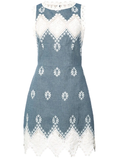 Alice And Olivia Lindsey Structured Embroidered Mini Dress In Chambray/ Cream