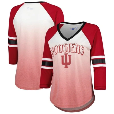 G-iii 4her By Carl Banks White/crimson Indiana Hoosiers Lead Off Ombre Raglan 3/4-sleeve V-neck T-sh In White,crimson