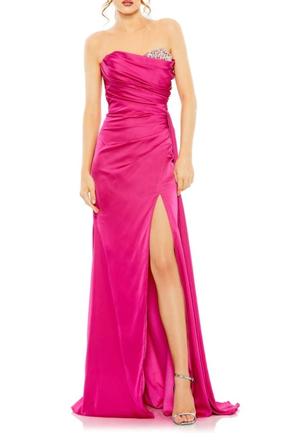 Mac Duggal Strapless Embellished Sweet Heart Neckline Satin Gown In Magenta