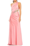 Mac Duggal One Shoulder Embellished Satin Gown In Coral