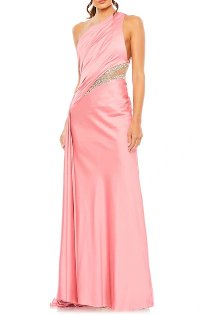 Mac Duggal One Shoulder Embellished Satin Gown In Coral