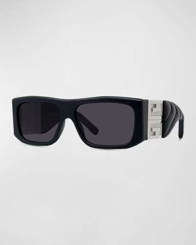 Givenchy Men's Quilted Leather Oversized 4g Sunglasses In Shiny Black Smoke