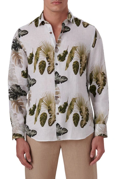 Bugatchi Men's Linen Leaf-print Shaped Sport Shirt In Chalk