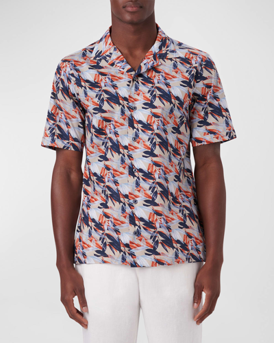 Bugatchi Leaf Print Short Sleeve Stretch Cotton Button-up Shirt In Stone