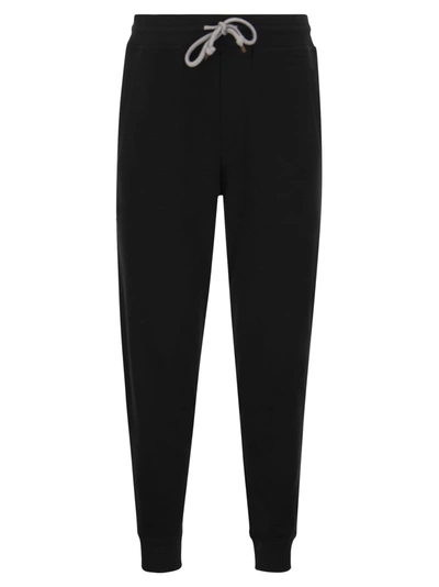 Brunello Cucinelli Techno Cotton Fleece Trousers With Elasticated Hem In Black