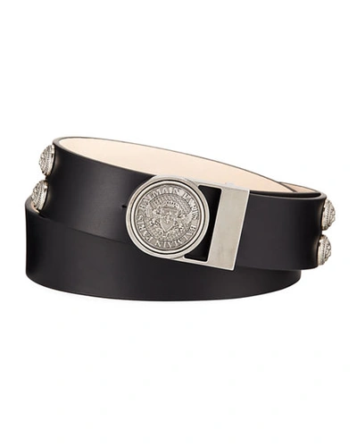 Balmain Men's Valley Golden Coin-buckle Leather Belt In Black/silver