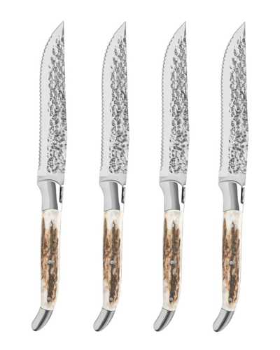 French Home Stainless-steel Laguiole Set Of 4, Connoisseur Bbq Steak Knives With Deer Horn Handles