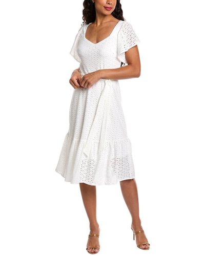 London Times Petite Eyelet Faux-wrap Midi Dress In White