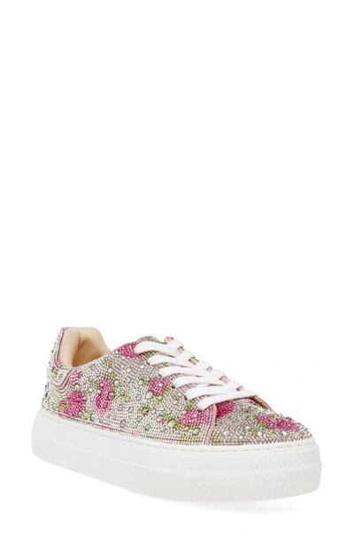 Betsey Johnson Sb-sidny Silver Floral Rhinestone Platform Sneakers In Rhinestone Floral