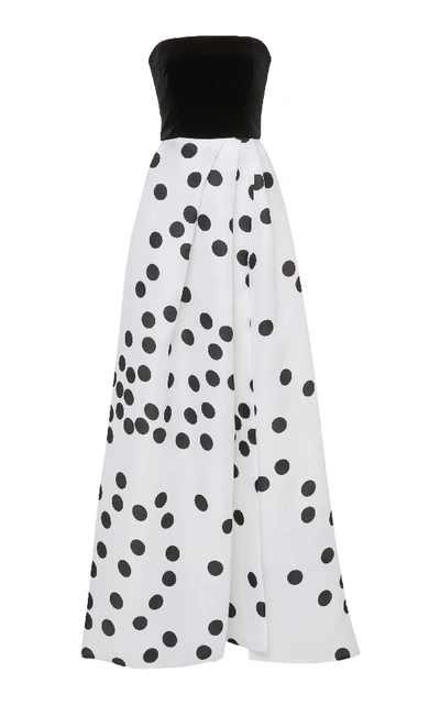 Monique Lhuillier Abstract Dot Printed Strapless Gown In Black/white