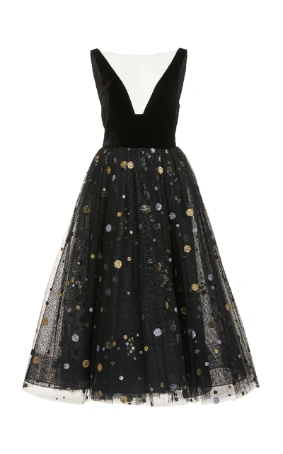 Monique Lhuillier Cosmic Glitter Tulle Tea Length Dress In Black