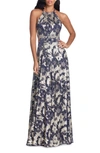 Betsy & Adam Metallic Floral Halter Gown In Navy,gold Floral