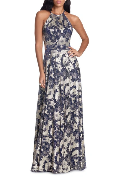 Betsy & Adam Metallic Floral Halter Gown In Navy,gold Floral
