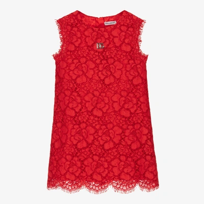 Dolce & Gabbana Kids' Girls Red Lace Dg Logo Dress