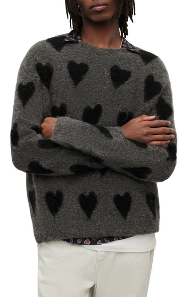 Allsaints Amore Heart Print Crewneck Sweater In Charcoal/black