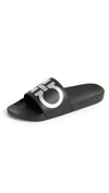 Ferragamo Men's Groove Gancini Slide Sandal, Black/silver In Nero-silver