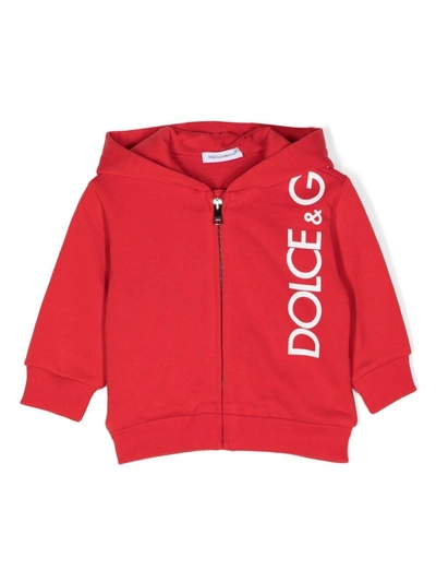 Dolce & Gabbana Babies' Zip-up Jersey Hoodie With Logo Print In Red