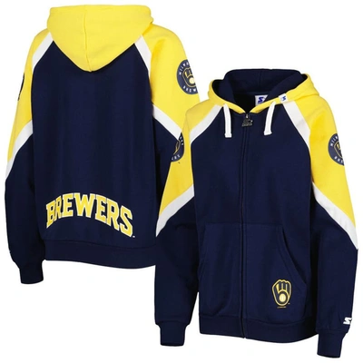 Starter Women's  Navy, Gold Milwaukee Brewers Hail Mary Full-zip Hoodie In Navy,gold