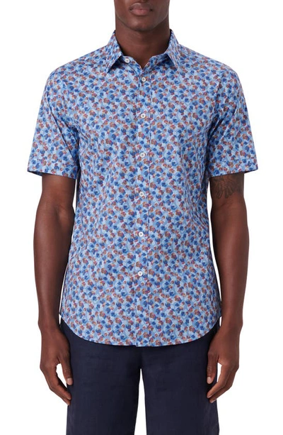 Bugatchi Shaped Fit Floral Print Short Sleeve Button-up Camp Shirt In Air Blue