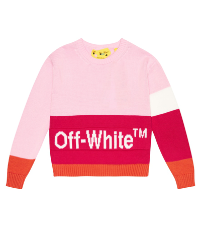Off-white Kids' Logo Intarsia Cotton Sweater In Pink Off White