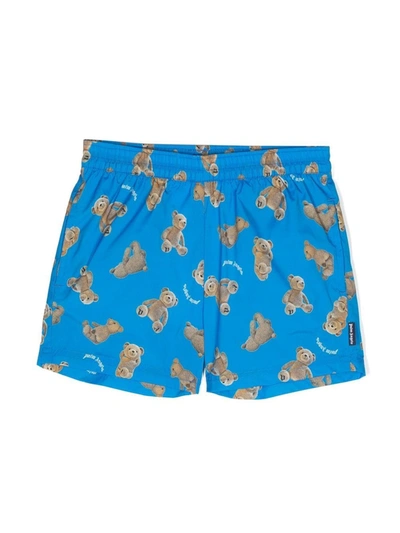 Palm Angels Kids' Boy's Bear And Logo-print Swim Shorts In Blue
