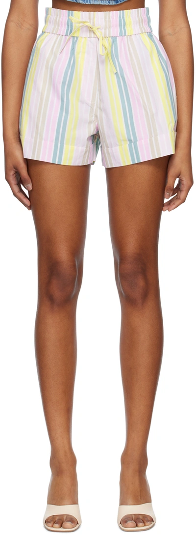 Ganni Striped Cotton Elasticated Shorts In Multi-colour