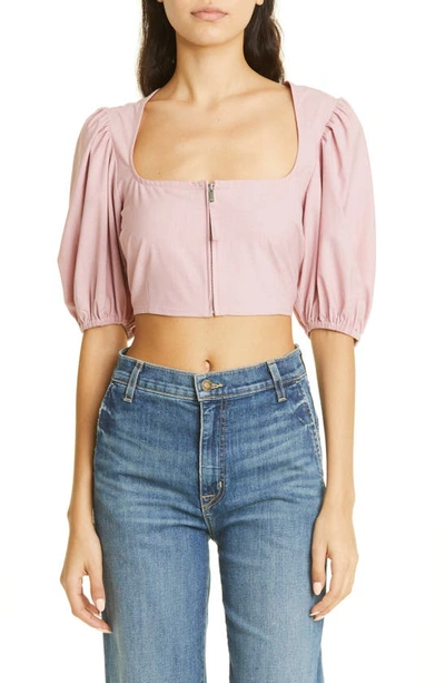 Ganni Drapey Cropped Zip-front Blouse In Pink Tulle