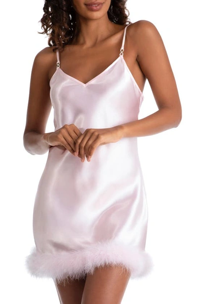 In Bloom By Jonquil Hope Faux Feather Trim Satin Chemise In Powder Puff Pink