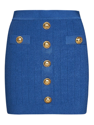Balmain Buttoned-short-knit-pencil-skirt In Blue