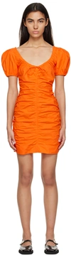 Ganni Short Sleeve Cotton Poplin Mini Dress In Yellow & Orange