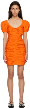 Ganni Bow-detailed Ruched Cotton-poplin Mini Dress In Orange