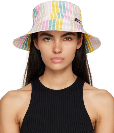 Ganni Stripe Logo Patch Organic Cotton Bucket Hat In Multicolor