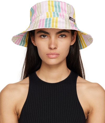 Ganni Stripe Logo Patch Organic Cotton Bucket Hat In Pink