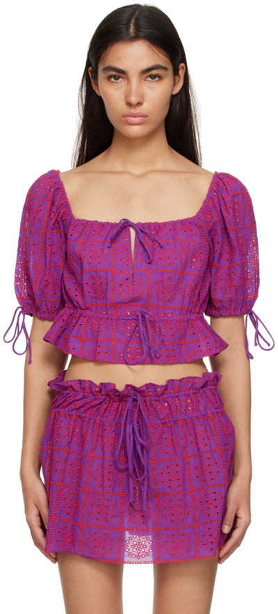 Ganni Purple Broderie Anglaise Cropped Top In Fuchsia
