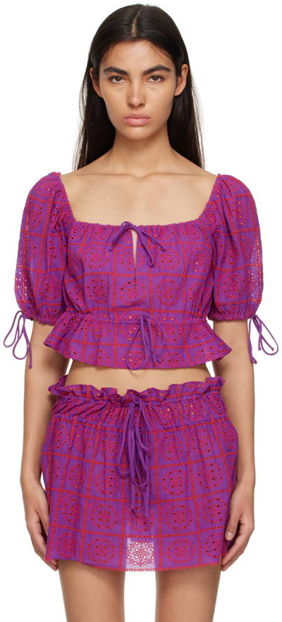 Ganni Purple Broderie Anglaise Cropped Top In Pink