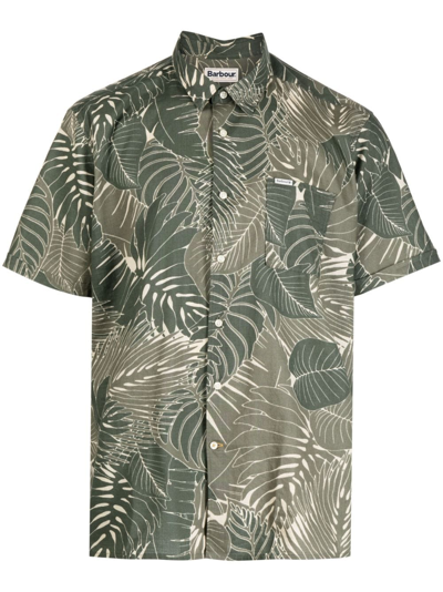 Barbour Cornwall Leaf Print Short Sleeve Button-up Shirt In Olive