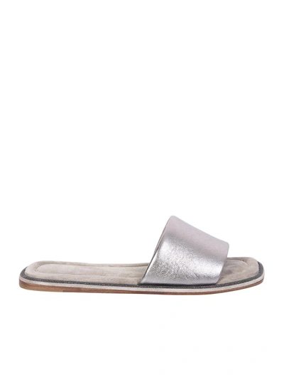 Brunello Cucinelli Leather Flat Sandals In Metallic