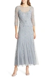 Pisarro Nights Beaded Illusion Neck Gown In Sea Blue