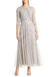 Pisarro Nights Beaded Mesh Gown With Jacket In Silver