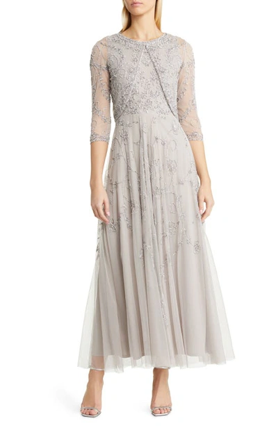 Pisarro Nights Beaded Mesh Gown With Jacket In Silver