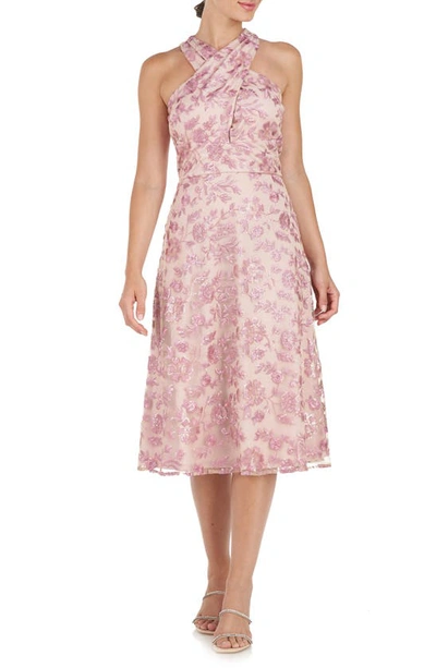 Js Collections Amy Sequin Floral Halter Neck Cocktail Midi Dress In Nude/ Mauve